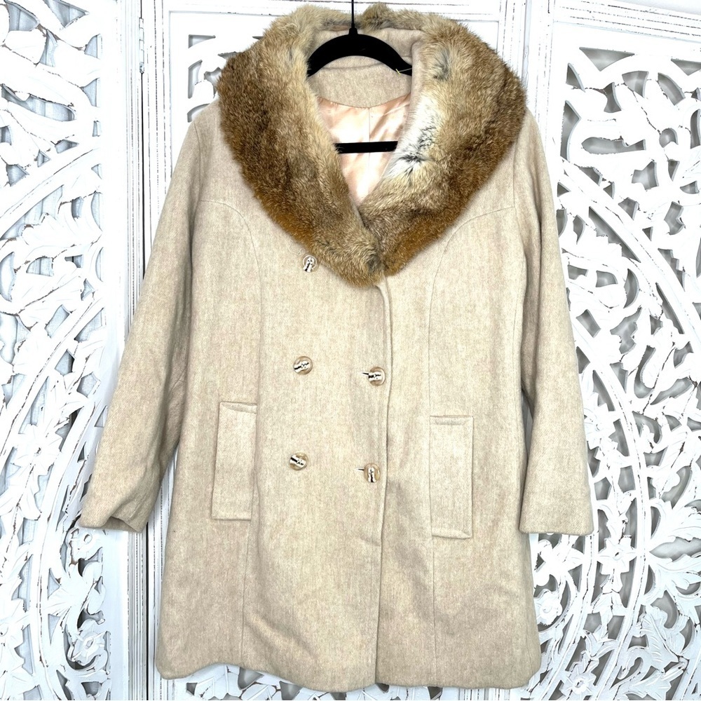 Vintage Beige Wool Fur Collar Peacoat